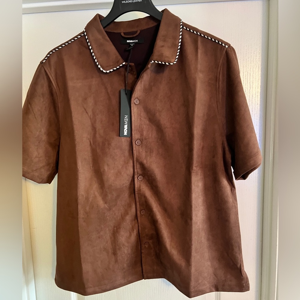 NOVAMEN Luxe Textured Button up Brown Short Sleeve Men's Shirt size XL